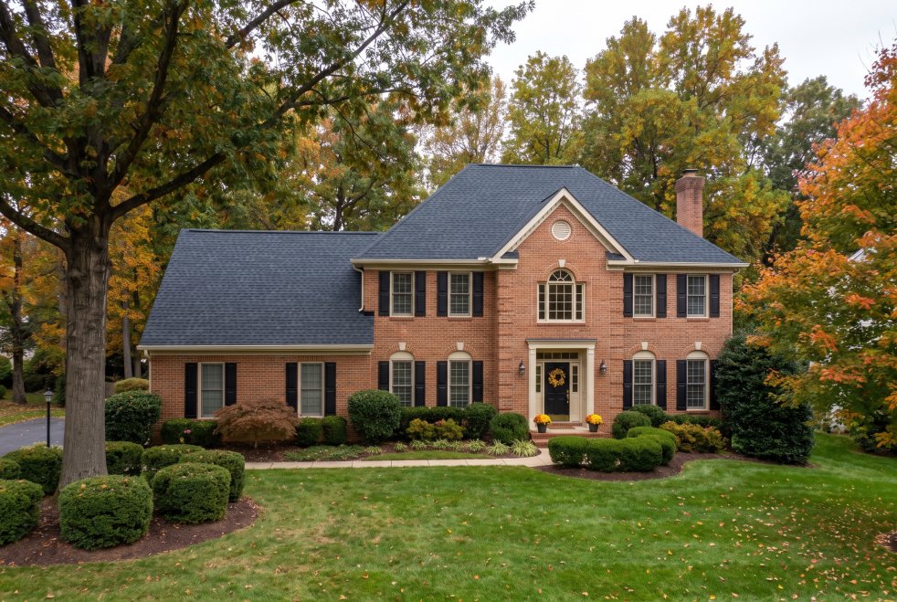 Brick Northern Virginia home with a new roof, landscaped yard, and colorful autumn trees